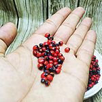A pile of vivid red and black Abrus Precatorius seeds known as Chirmi Ratti Gunja lucky beads scattered on a white background showing their characteristic two-toned glossy surface - Gallery 1