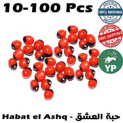 A pile of vivid red and black Abrus Precatorius seeds known as Chirmi Ratti Gunja lucky beads scattered on a white background showing their characteristic two-toned glossy surface