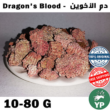 Chunks of authentic dark red Dragon's Blood resin (Dracaena Cinnabari) piled on a white ceramic plate, showing rough textured crimson and brown surfaces