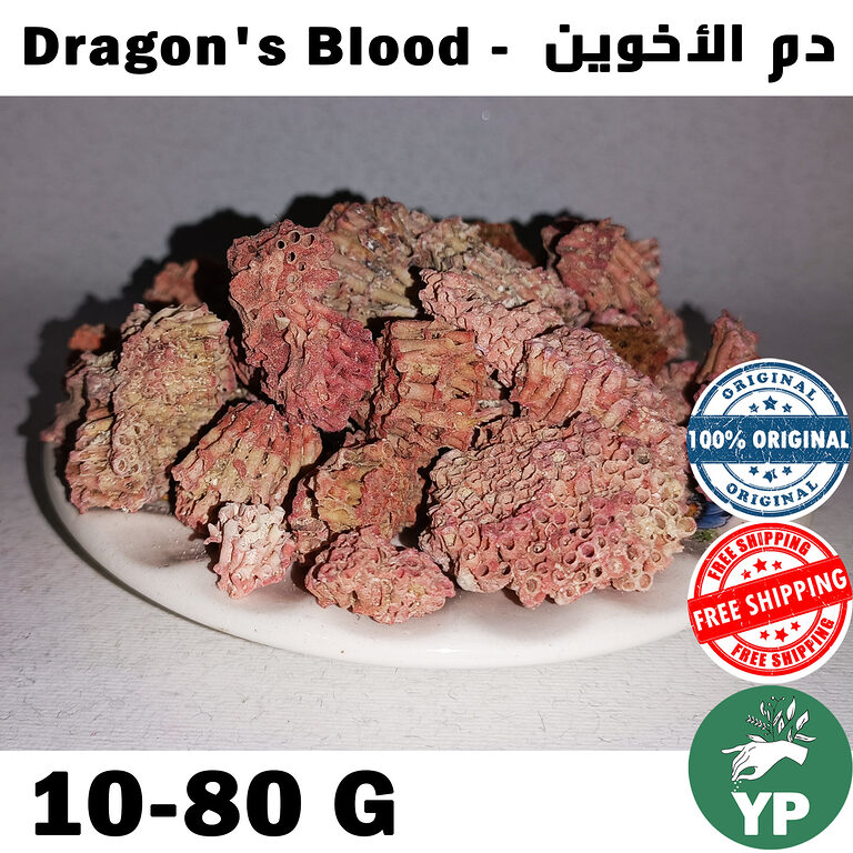 Chunks of authentic dark red Dragon's Blood resin (Dracaena Cinnabari) piled on a white ceramic plate, showing rough textured crimson and brown surfaces