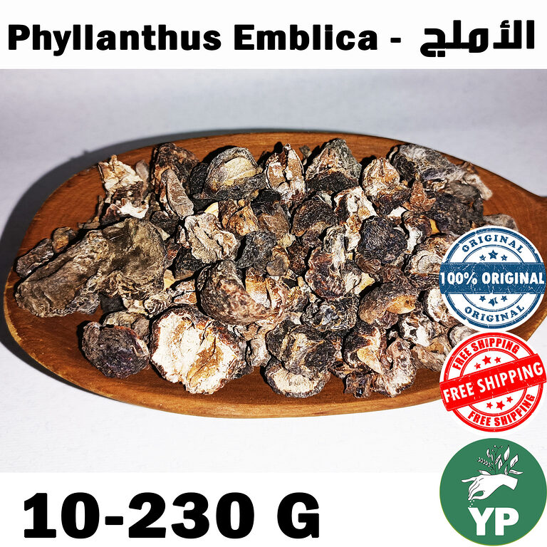 Dried dark brown Phyllanthus Emblica Amla pieces piled on a wooden oval tray on a white background