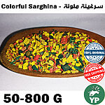 Colorful Moroccan Sarghina Bakhour incense pieces in yellow, red and green displayed on a wooden oval tray against a white background