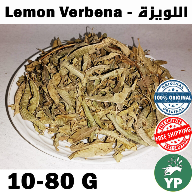 Dried pale green lemon verbena leaves piled on a white round plate, showing whole dried herb texture