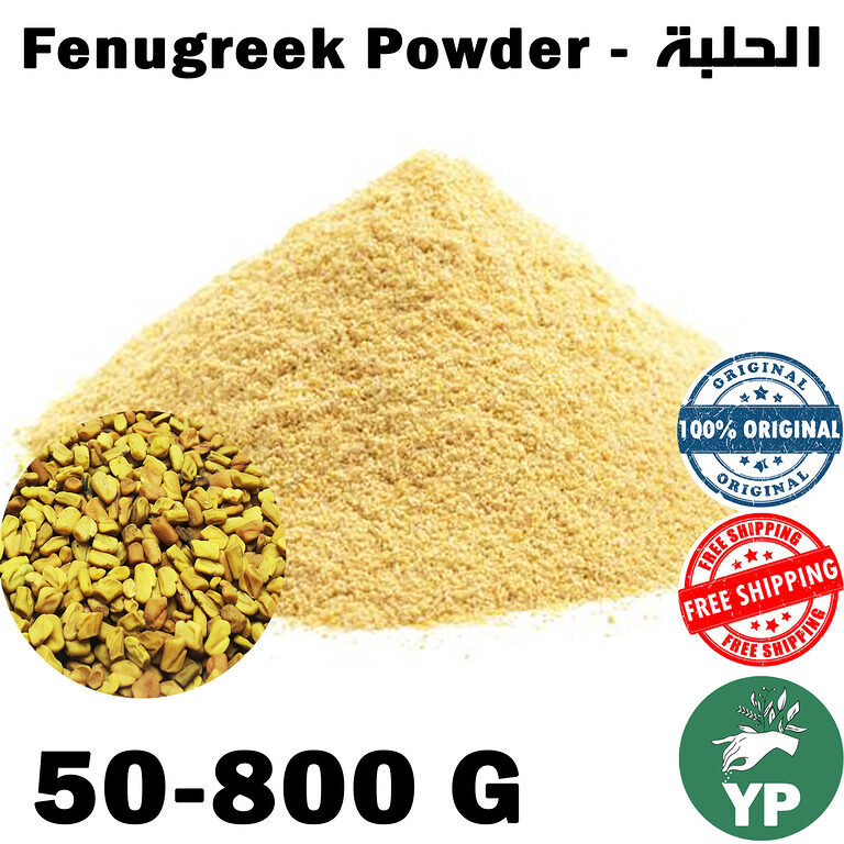 A large mound of golden-yellow fenugreek powder with a circular inset showing whole fenugreek seeds on a white background