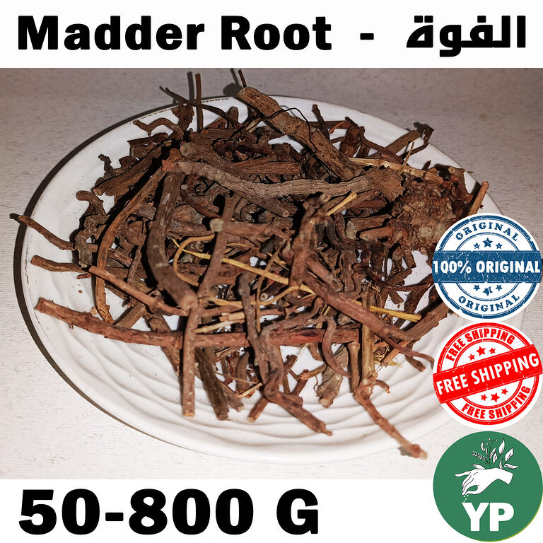 Whole dried Moroccan madder root pieces (Rubia cordifolia) piled on a white ceramic plate, showing reddish-brown woody roots of various sizes