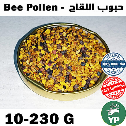 Colorful raw bee pollen granules in a gold tin lid showing a mix of golden yellow, purple, and amber granules from Moroccan wildflowers