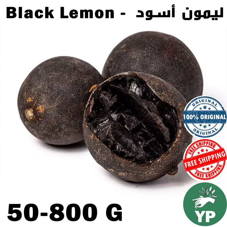 Three whole black lemons sun-dried on white background, one cut open revealing dark interior, authentic Moroccan dried limes
