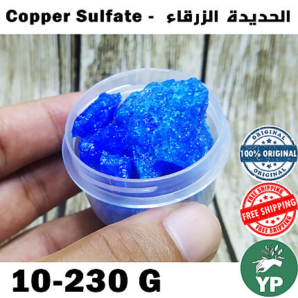 Vivid blue copper sulfate crystals held in a small transparent plastic container by hand, with 100% original and free shipping badges visible