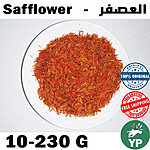 Vibrant red and orange dried safflower petals piled in a clear glass bowl on a white background, labeled Safflower and Al-Asfar in Arabic