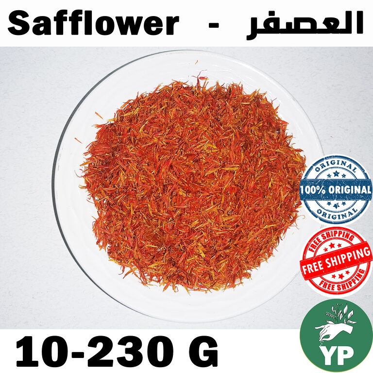 Vibrant red and orange dried safflower petals piled in a clear glass bowl on a white background, labeled Safflower and Al-Asfar in Arabic