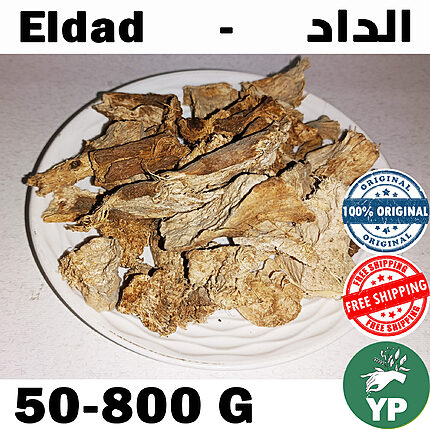 Dried Eldad herb pieces displayed on a white ceramic plate, showing rough fibrous woody brown chunks of Moroccan Eldad herb