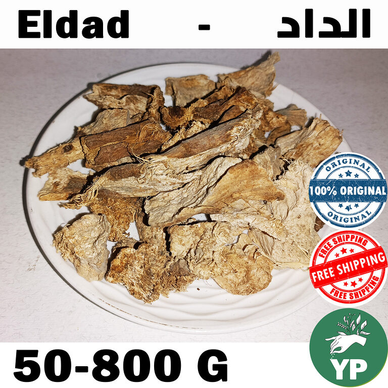 Dried Eldad herb pieces displayed on a white ceramic plate, showing rough fibrous woody brown chunks of Moroccan Eldad herb