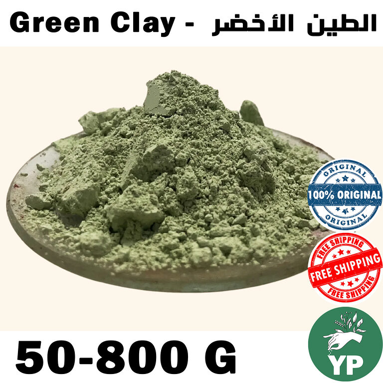 Mound of fine green clay powder piled on a round clay plate against a light cream background, showing its distinctive sage-green color and fine texture