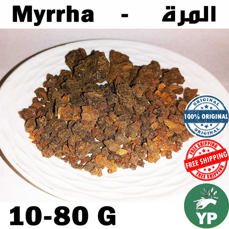Whole dark amber-brown myrrh resin pieces (Commiphora myrrha) displayed on a white ceramic plate, showing natural texture and color variation
