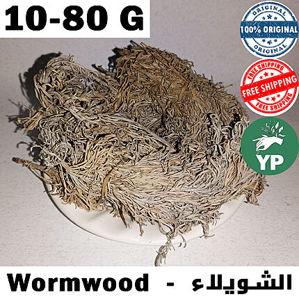 Dried Moroccan wormwood herb (Artemisia absinthium) with silvery-green leaves piled in a white ceramic plate on a light background