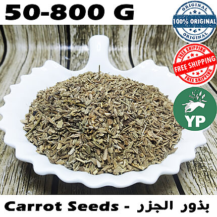 Dried wild carrot seeds piled in a white scalloped ceramic dish on a dark marble surface, showing small olive-green ridged seeds