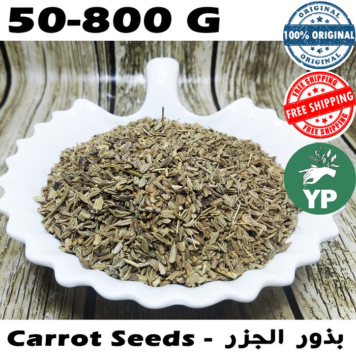 Dried wild carrot seeds piled in a white scalloped ceramic dish on a dark marble surface, showing small olive-green ridged seeds