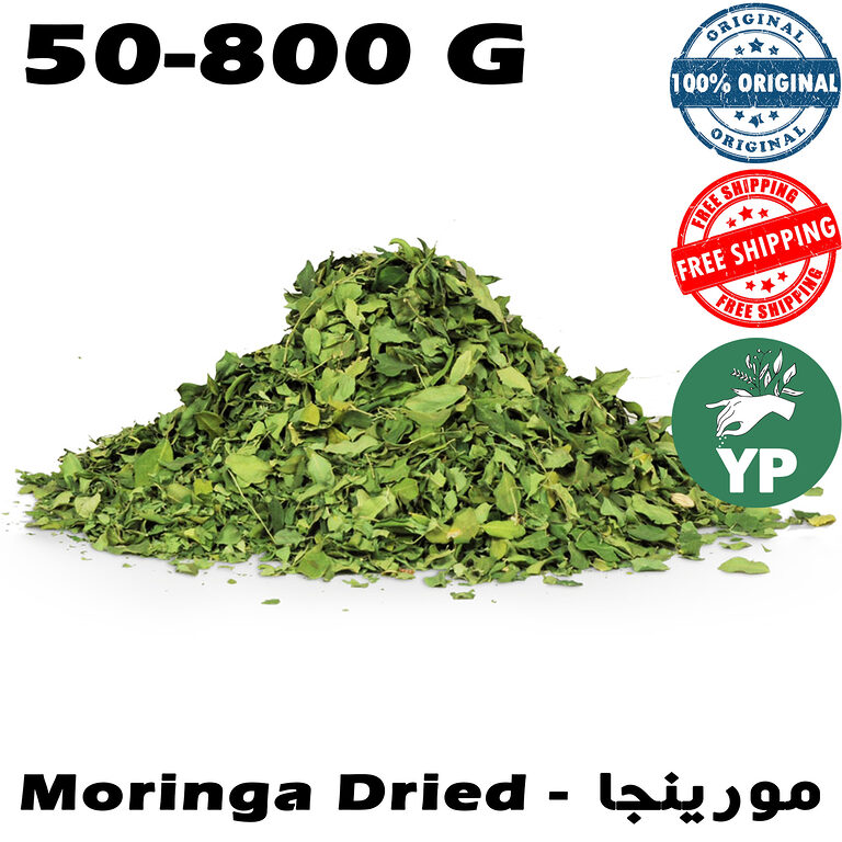 A large pile of vibrant green dried moringa leaves on a white background, shown loose and whole