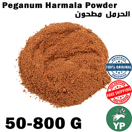 Fine reddish-brown Peganum Harmala powder mound on white background with 100% original and free shipping badges