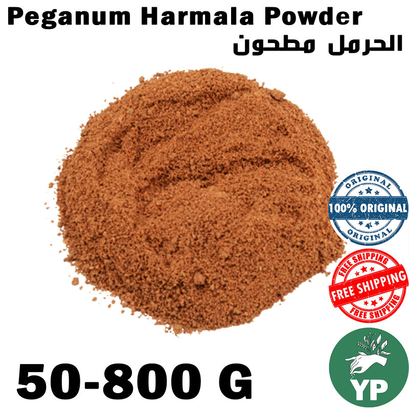 Fine reddish-brown Peganum Harmala powder mound on white background with 100% original and free shipping badges