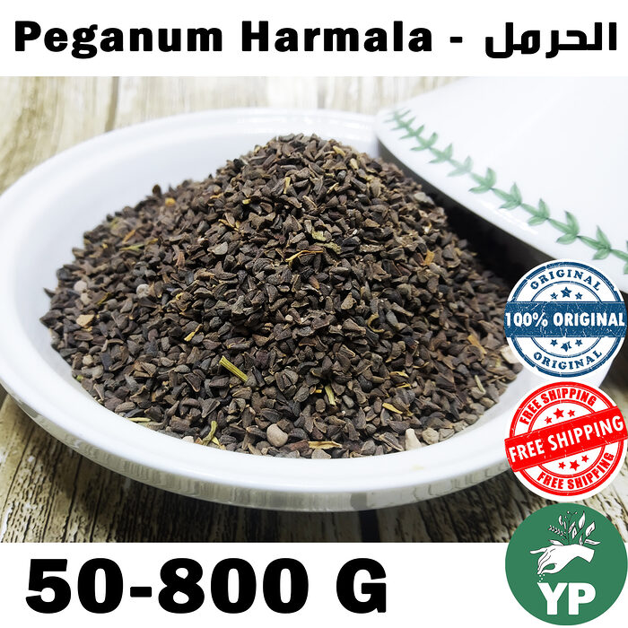 A white ceramic bowl filled with dark brown Peganum Harmala seeds on a wooden surface, with a decorative ceramic lid beside it