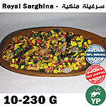 Colorful Moroccan Royal Sarghina incense blend with yellow, green, red and black botanicals and resins displayed on a rustic wooden paddle spoon against a white background
