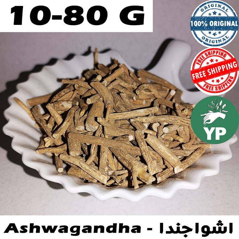 Dried ashwagandha root sticks and pieces displayed in a white ceramic scalloped dish on a gray background