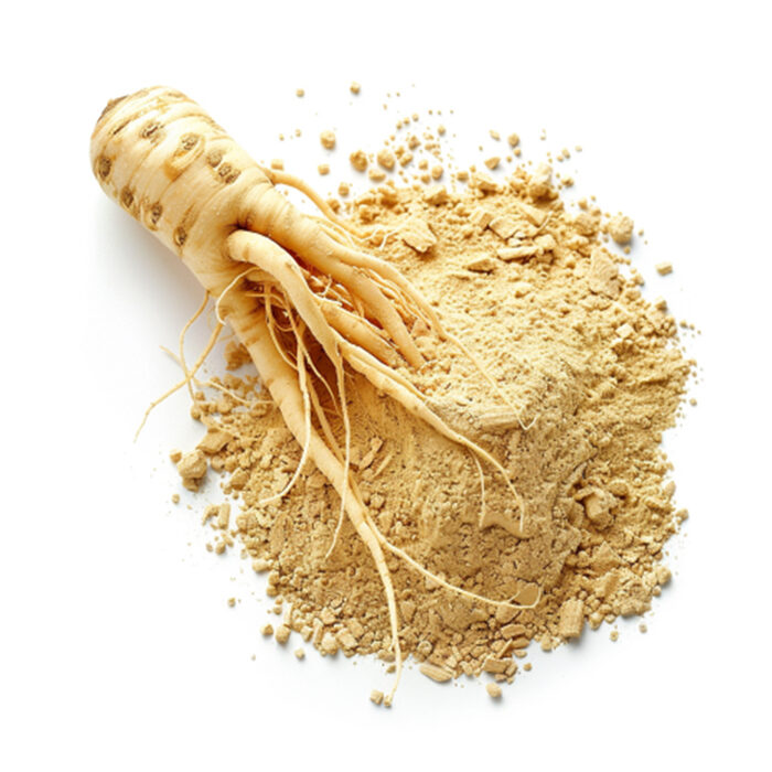 Whole ginseng root resting on a mound of fine beige ginseng powder on a white background - Variation