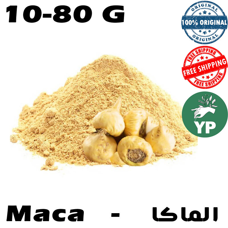 A golden pile of fine maca root powder with several whole dried maca roots in front on a white background